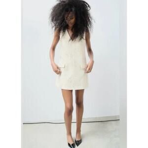 Zara Cream Gold Foil Shift Dress Sz Small